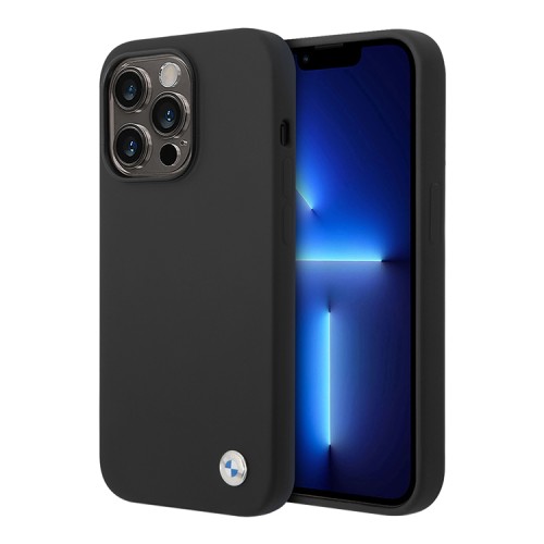 Чехол BMW Liquid Silicone Metal logo Hard для iPhone 14 Pro Max, черный (MagSafe)