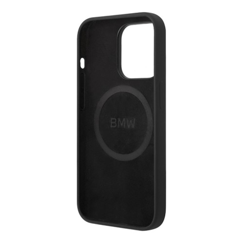 Чехол BMW Liquid Silicone Metal logo Hard для iPhone 14 Pro Max, черный (MagSafe)