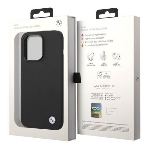 Чехол BMW Liquid Silicone Metal logo Hard для iPhone 14 Pro Max, черный (MagSafe)