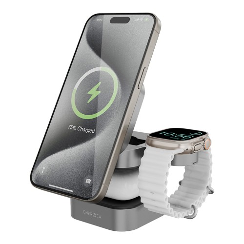 EnergEA Беспроводное СЗУ MagCube 3-in-1 Magnetic Foldable wireless 15W Qi2.0 + TWS + MFW AW Gunmetal