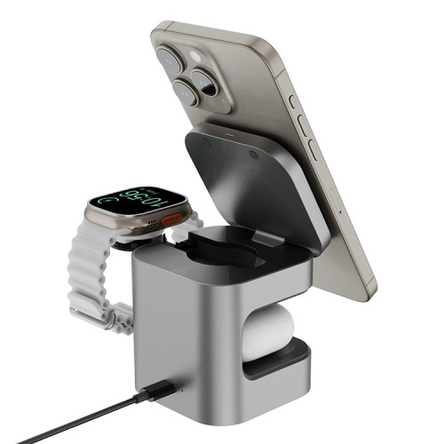 EnergEA Беспроводное СЗУ MagCube 3-in-1 Magnetic Foldable wireless 15W Qi2.0 + TWS + MFW AW Gunmetal