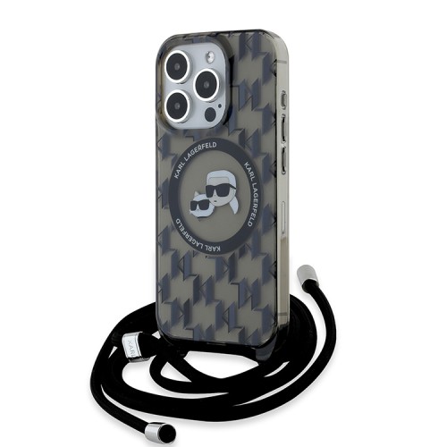 Karl Lagerfeld для iPhone 15 Pro чехол Crossbody PC/TPU NFT Karl & Choup Head Hard Black (MagSafe) + Cord