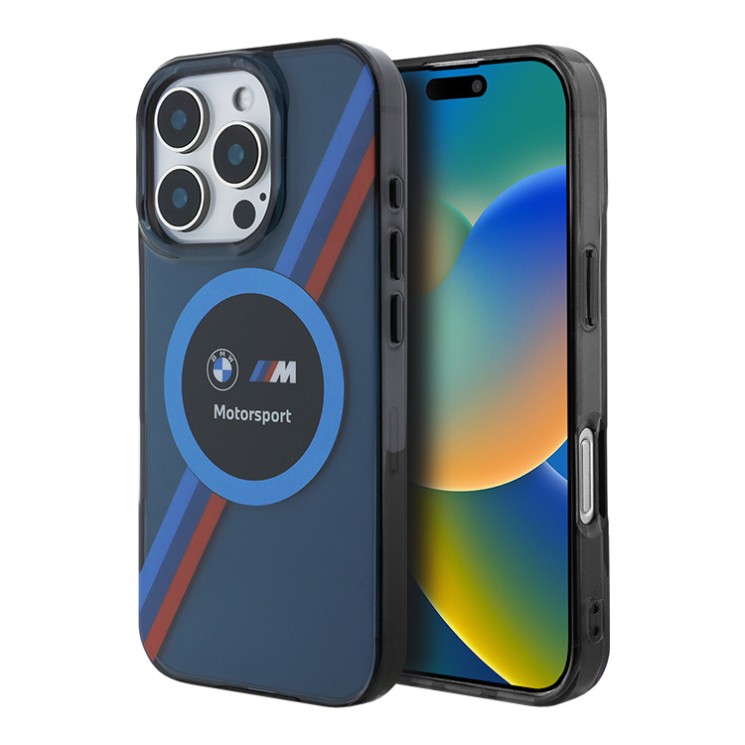 BMW для iPhone 16 Pro Max чехол Motorsport PC/TPU Circle&Tricolor, синий (MagSafe)