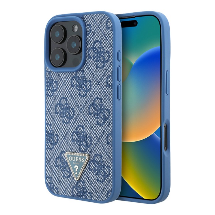 Guess для iPhone 16 Pro Max чехол PU кожа 4G Triangle Diamond logo Blue