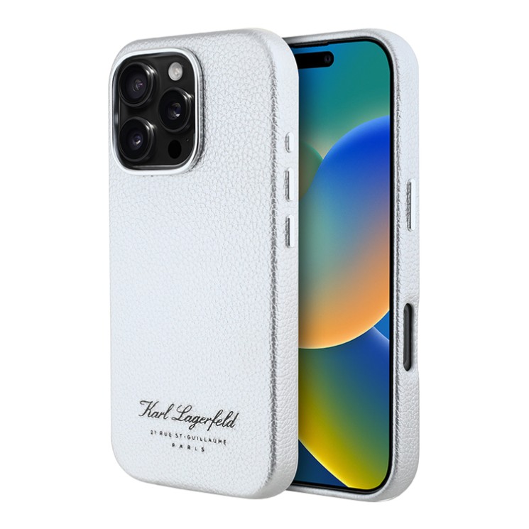 Karl Lagerfeld для iPhone 16 Pro Max чехол PU Full Wrapped Grained leather & Metal Camera Hard Grey