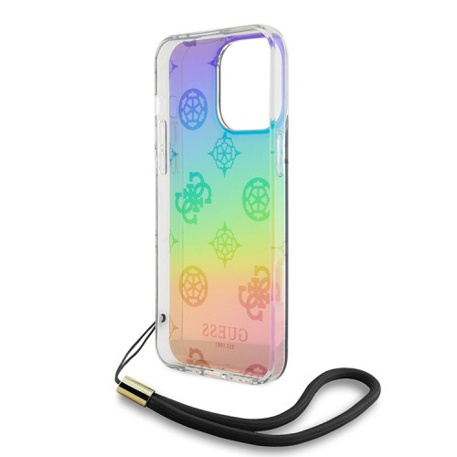 Guess для iPhone 16 Pro Max чехол PC/TPU Peony glitter + Nylon Hand cord Hard Iridescent Black