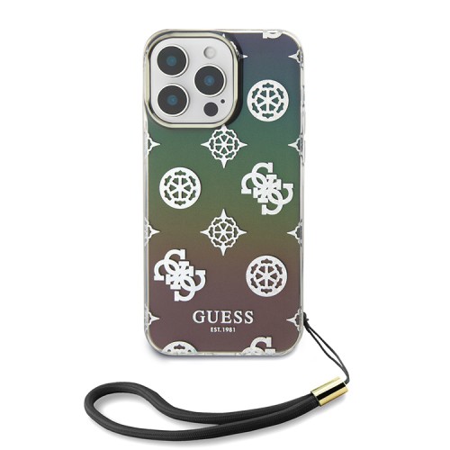 Guess для iPhone 16 Pro Max чехол PC/TPU Peony glitter + Nylon Hand cord Hard Iridescent Black