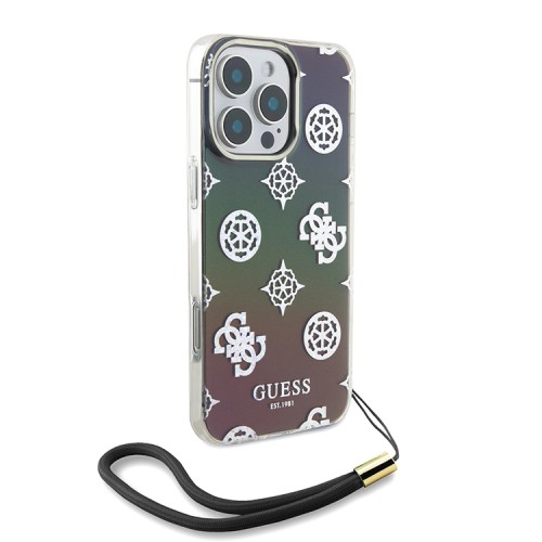 Guess для iPhone 16 Pro Max чехол PC/TPU Peony glitter + Nylon Hand cord Hard Iridescent Black