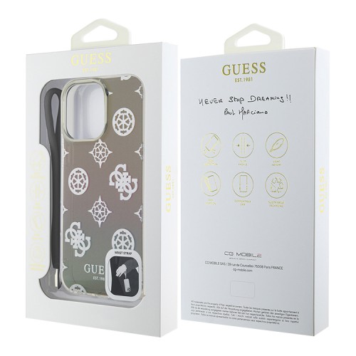 Guess для iPhone 16 Pro Max чехол PC/TPU Peony glitter + Nylon Hand cord Hard Iridescent Black