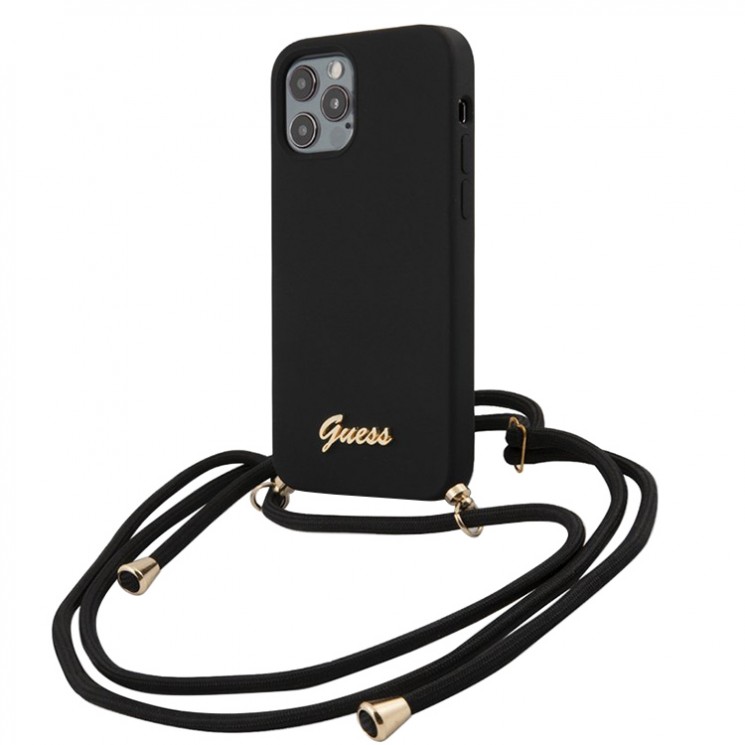 Чехол Guess Liquid Silicone Gold Metal logo +Cord для iPhone 12 Pro Max, черный