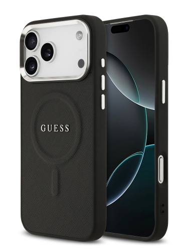 Guess для iPhone 17 Pro чехол PU Grained leather Classic metal logo & Camera Hard Black (MagSafe)