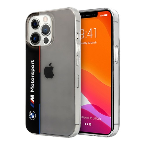Чехол BMW Motorsport Tricolor Vertical Hard Transparent для iPhone 13 Pro, черный