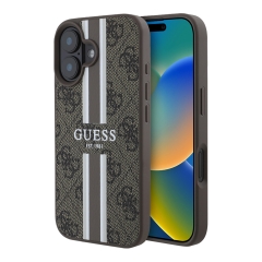 Guess для iPhone 16 чехол PU 4G Stripes Hard Brown (MagSafe)