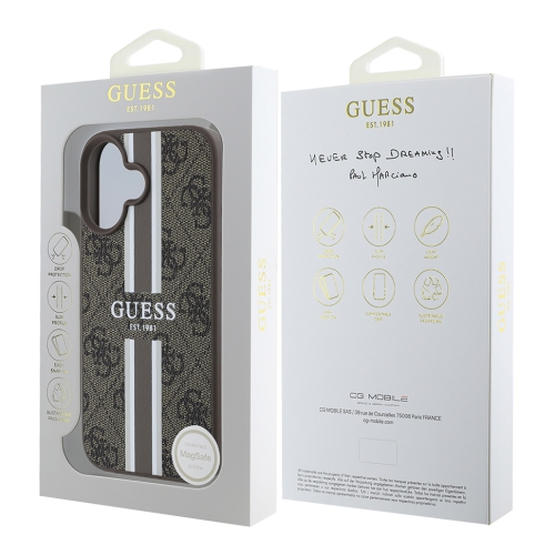 Guess для iPhone 16 чехол PU 4G Stripes Hard Brown (MagSafe)