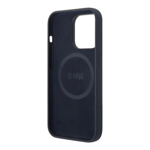 Чехол BMW Liquid Silicone Metal logo Hard для iPhone 14 Pro Max, синий (MagSafe)