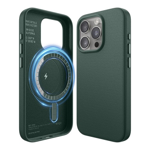 Elago для iPhone 15 Pro чехол PU Leather Midnight Green (MagSafe)