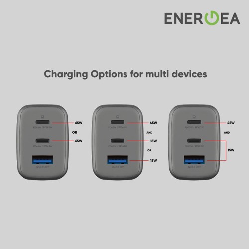 Сетевое зарядное устройство EnergEA Ampcharge GaN 65w, 2USB-C + USB-A PD/PPS/QC3.0, 65 Вт