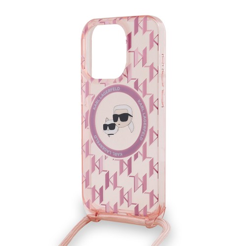 Karl Lagerfeld для iPhone 15 Pro чехол Crossbody PC/TPU NFT Karl & Choup Head Hard Pink (MagSafe) + Cord