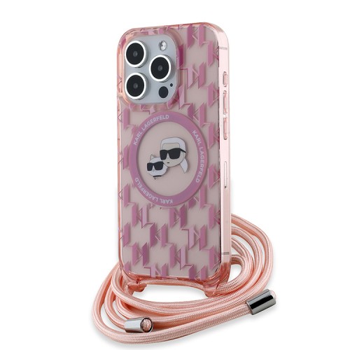 Karl Lagerfeld для iPhone 15 Pro чехол Crossbody PC/TPU NFT Karl & Choup Head Hard Pink (MagSafe) + Cord