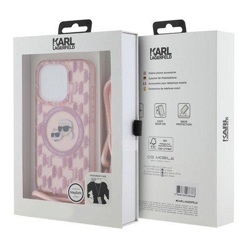 Karl Lagerfeld для iPhone 15 Pro чехол Crossbody PC/TPU NFT Karl & Choup Head Hard Pink (MagSafe) + Cord