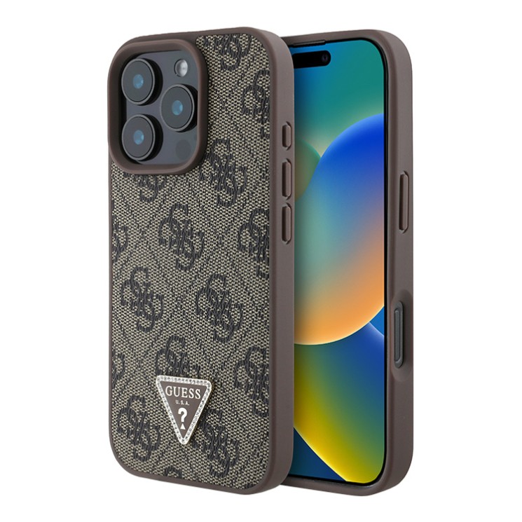 Guess для iPhone 16 Pro Max чехол PU кожа 4G Triangle Diamond logo Brown
