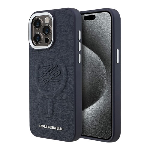 Karl Lagerfeld для iPhone 15 Pro Max чехол PU-кожа Initials & Metal logo Hard Navy (MagSafe)