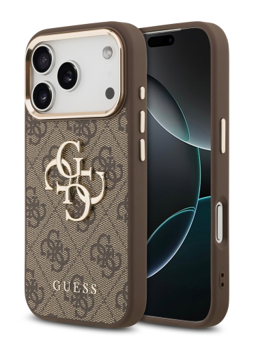 Guess для iPhone 17 Pro Max чехол PU 4G Big metal logo Gold camera Hard Brown