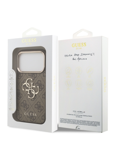 Guess для iPhone 17 Pro Max чехол PU 4G Big metal logo Gold camera Hard Brown