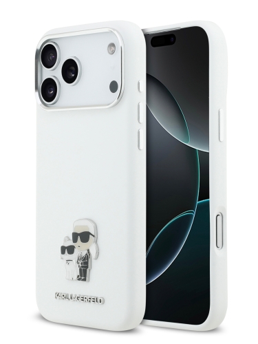 Karl Lagerfeld для iPhone 17 Pro Max чехол Liquid silicone NFT Karl & Choupette Metal pin & Camera Hard White