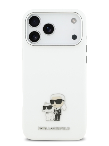 Karl Lagerfeld для iPhone 17 Pro Max чехол Liquid silicone NFT Karl & Choupette Metal pin & Camera Hard White