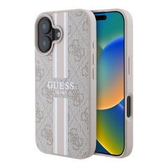 Guess для iPhone 16 чехол PU 4G Stripes Hard Pink (MagSafe)