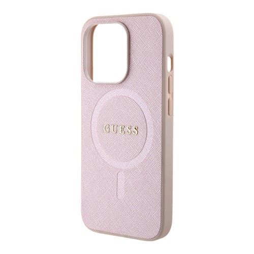 Guess для iPhone 15 Pro чехол PU Saffiano with metal logo Hard Pink (MagSafe)