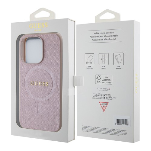 Guess для iPhone 15 Pro чехол PU Saffiano with metal logo Hard Pink (MagSafe)