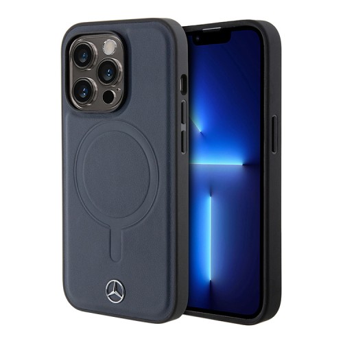 Mercedes для iPhone 14 Pro чехол Leather Plain Smooth with Ring Hard Navy (MagSafe)