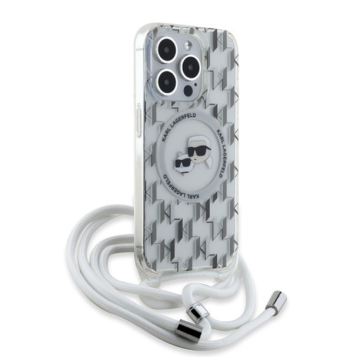 Karl Lagerfeld для iPhone 15 Pro чехол Crossbody PC/TPU NFT Karl & Choup Head прозрачный (MagSafe) + Cord