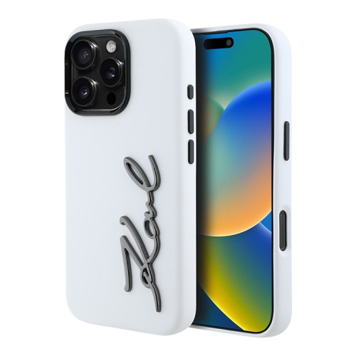 Karl Lagerfeld для iPhone 16 Pro чехол Liquid silicone Signature Metal logo & Camera frame Hard White