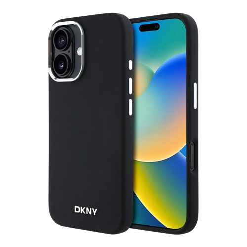 DKNY для iPhone 16 чехол Liquid Silicone Metal logo and Camera frame Hard Black (MagSafe)