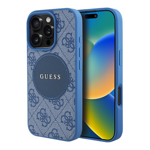 Guess для iPhone 16 Pro Max чехол PU 4G with Round Patch Metal logo Hard Blue (MagSafe)