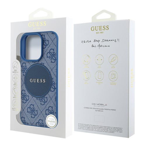 Guess для iPhone 16 Pro Max чехол PU 4G with Round Patch Metal logo Hard Blue (MagSafe)