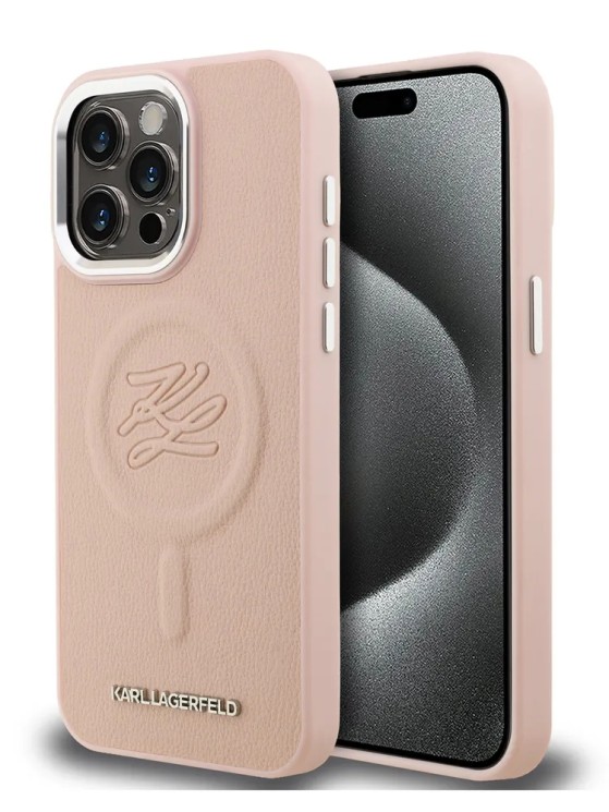Karl Lagerfeld для iPhone 15 Pro Max чехол PU-кожа Initials & Metal logo Hard Pink (MagSafe)