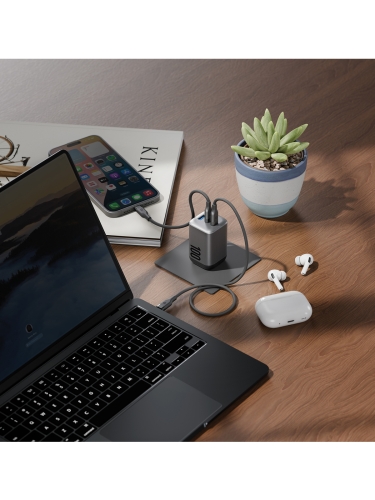 Energea сетевое зарядное AmpCharge Mini GaN100, 2USB-C PD100 + USB-A QC3.0 total 100W Gunmetal