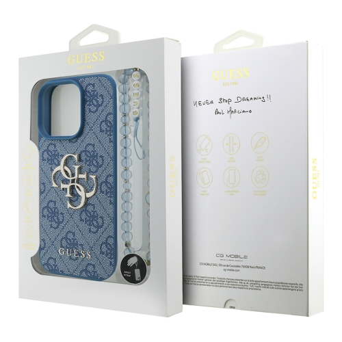 Guess для iPhone 16 Pro Max чехол PU 4G Big metal logo Hard + Pearl Hand Strap Blue