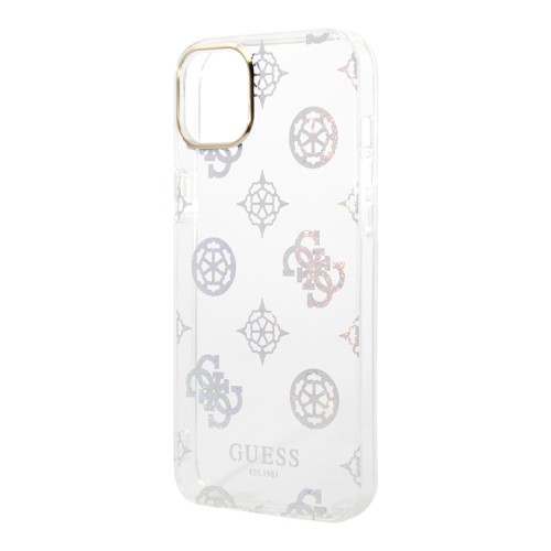 Чехол Guess Peony glitter Electroplated camera Hard для iPhone 14, белый (прозрачный)