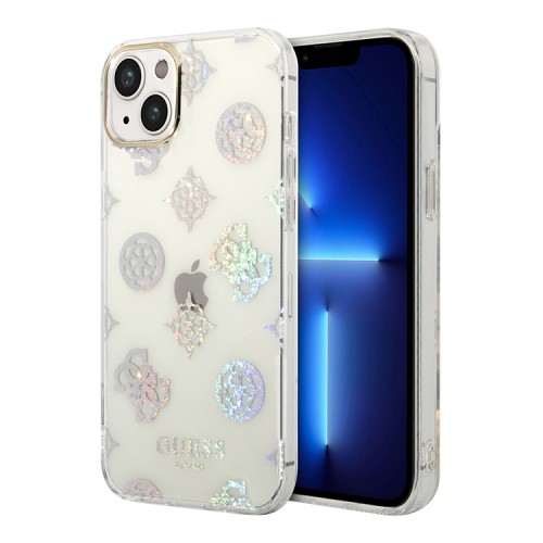 Чехол Guess Peony glitter Electroplated camera Hard для iPhone 14, белый (прозрачный)