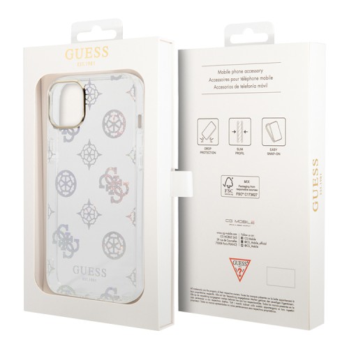 Чехол Guess Peony glitter Electroplated camera Hard для iPhone 14, белый (прозрачный)