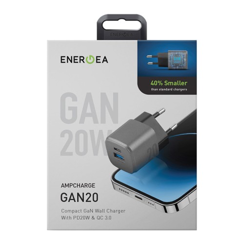 EnergEA СЗУ Ampcharge GaN20, USB-C PD20 + USB-A QC18 total 20W Gunmetal