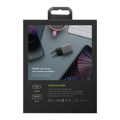 EnergEA СЗУ Ampcharge GaN20, USB-C PD20 + USB-A QC18 total 20W Gunmetal