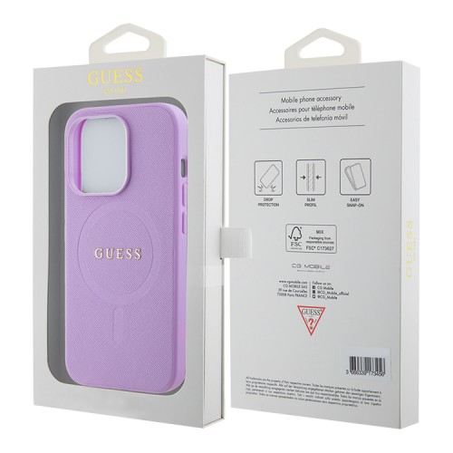 Guess для iPhone 15 Pro чехол PU Saffiano with metal logo Hard Purple (MagSafe)