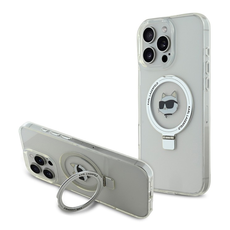 Karl Lagerfeld для iPhone 16 Pro чехол PC/TPU + Ring stand NFT Choupette head Hard Transparent (MagSafe)