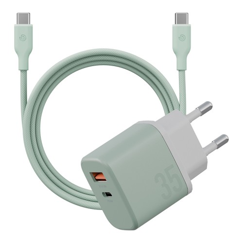 Energea СЗУ Bazic GoPort Velox Kit GaN35, USB-C+USB-A +кабель Weave USB-C to C 1.5m Pistachio